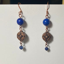 Load image into Gallery viewer, Lapis jasper and antique copper disc triple-link dangle earrings