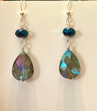 Load image into Gallery viewer, Dark blue iridescent crystal and sterling drop earrings