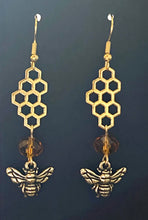 Load image into Gallery viewer, Bee Golden: goldtone honeybee earrings with citrine crystal bead beekeeper apiculture bee lover gift