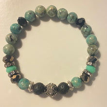 Load image into Gallery viewer, Bracelet - sesame jasper w gunmetal and mint green crystal rondelles, and rhinestone pavé center bead