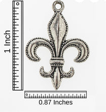 Load image into Gallery viewer, Fleur-de-lis earring in antique goldtone or silvertone w/ optional 8mm crystal or gemstone bead French symbol New Orleans Saints sports fan