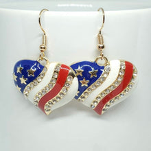Load image into Gallery viewer, American Heart patriotic rhinestone and enamel flag earrings stars and stripes 4th of July holiday jewelry