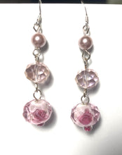 Load image into Gallery viewer, La Vie En Rose pink pearl, crystal, and glass rose bead earrings