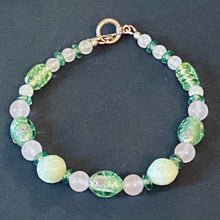 Load image into Gallery viewer, Secret Garden pink and green rose quartz and floral lampwork glass bead bracelet