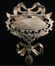 Load image into Gallery viewer, Avon vintage 1990s Victorian Art Nouveau Renaissance ornate gold filigree bow brooch w faux pearl and purple crystal teardrop