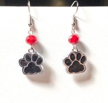 Load image into Gallery viewer, Paw print sports fan earrings: Tigers, Lions, Bulldogs, Wildcats, Huskies, Panthers, Jaguars: choice of team color with or without crystal bead.