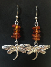 Load image into Gallery viewer, Dragonfly In Amber goldtone or silvertone dragonfly earrings with genuine Baltic Amber Outlander fan gift jewelry