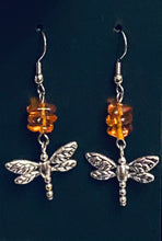 Load image into Gallery viewer, Dragonfly In Amber II goldtone or silvertone dragonfly earrings with genuine Baltic Amber Outlander fan gift jewelry
