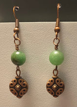 Load image into Gallery viewer, Green aventurine and antique copper disc drop earrings