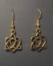 Load image into Gallery viewer, Celtic heart earrings with triquetra knot, goldtone