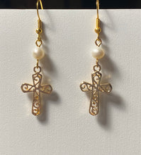 Load image into Gallery viewer, Freshwater pearl and goldtone filigree cross earrings Christian faith jewelry