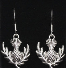 Load image into Gallery viewer, Flower of Scotland: Scottish thistle silvertone Celtic earrings Sassenach Outlander fan gift jewelry (w/ optional crystal or pearl bead)