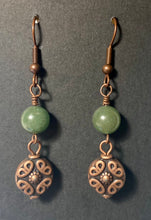 Load image into Gallery viewer, Green aventurine and antique copper disc drop earrings