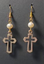 Load image into Gallery viewer, Freshwater pearl and goldtone open cross earrings Christian faith jewelry