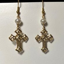 Load image into Gallery viewer, Goldtone filigree cross earrings with freshwater pearl