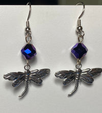 Load image into Gallery viewer, Dragonfly earrings in silvertone or goldtone with gemstone or crystal bead