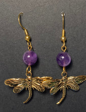 Load image into Gallery viewer, Dragonfly earrings in silvertone or goldtone with gemstone or crystal bead