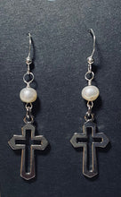 Load image into Gallery viewer, Freshwater pearl and silvertone open cross earrings Christian faith jewelry
