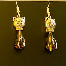 Load image into Gallery viewer, Tortoiseshell Cat: silvertone and amber/black Czech glass teardrop cat earrings