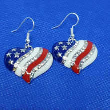 Load image into Gallery viewer, American Heart patriotic rhinestone and enamel flag earrings stars and stripes 4th of July holiday jewelry