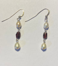 Load image into Gallery viewer, Freshwater pearl and garnet sterling silver drop earrings