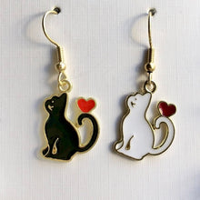 Load image into Gallery viewer, Black Cat or White Cat with heart enamel charm earrings 3 styles cat lover cat lady gift
