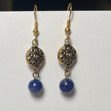 Load image into Gallery viewer, Sodalite and antiqued gold disc drop earrings