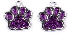 Load image into Gallery viewer, LSU Tigers or UNA Lions sports fan paw earrings: purple glitter enamel paw with optional gold crystal bead.