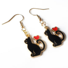 Load image into Gallery viewer, Black Cat or White Cat with heart enamel charm earrings 3 styles cat lover cat lady gift