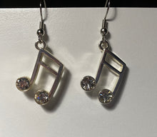 Load image into Gallery viewer, Silvertone music note earrings with rhinestones