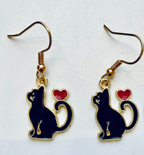 Load image into Gallery viewer, Black Cat or White Cat with heart enamel charm earrings 3 styles cat lover cat lady gift