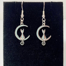 Load image into Gallery viewer, Cat on the Moon silvertone cute cat silhouette earrings - cat mom cat lover gift
