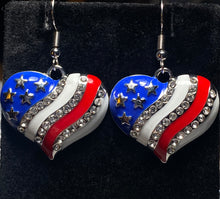 Load image into Gallery viewer, American Heart patriotic rhinestone and enamel flag earrings stars and stripes 4th of July holiday jewelry