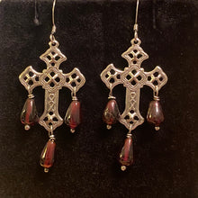 Load image into Gallery viewer, Garnet and gold or silver filigree cross earrings with sterling or 14k gold-filled earwires