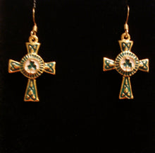 Load image into Gallery viewer, Goldtone enamel Irish shamrock clover Celtic cross earrings w 14k gold-filled earwires