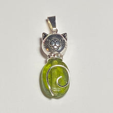 Load image into Gallery viewer, Nature Cat: silvertone and green glass oval pendant