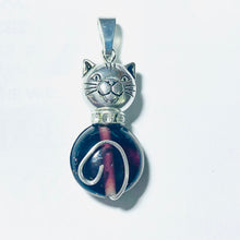 Load image into Gallery viewer, Amethyst Cat: silvertone and dark purple glass round cat pendant