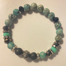 Load image into Gallery viewer, Bracelet - sesame jasper w gunmetal and mint green crystal rondelles, and rhinestone pavé center bead