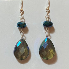 Load image into Gallery viewer, Dark blue iridescent crystal and sterling drop earrings