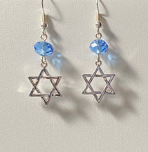 Load image into Gallery viewer, Light blue crystal and silvertone Star of David earrings Jewish faith jewelry