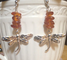 Load image into Gallery viewer, Dragonfly In Amber goldtone or silvertone dragonfly earrings with genuine Baltic Amber Outlander fan gift jewelry