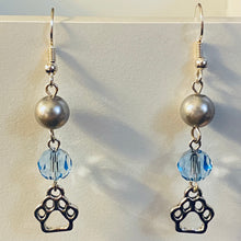 Load image into Gallery viewer, Helena Huskies paw print sports fan earrings withchoice of crystal or pearl bead in team colors