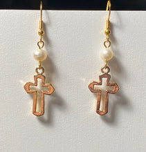 Load image into Gallery viewer, Freshwater pearl and goldtone open cross earrings Christian faith jewelry
