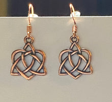 Load image into Gallery viewer, Celtic heart earrings with triquetra knot, copper finish (w/ optional gemstone bead)
