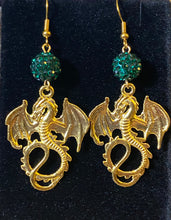 Load image into Gallery viewer, Flying dragon earrings in gold, bronze, or silver: UAB Blazers, Game of Thrones fantasy creatures, sports fan jewelry