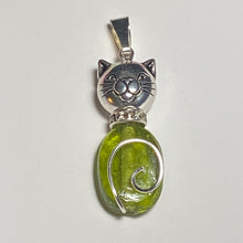 Load image into Gallery viewer, Nature Cat: silvertone and green glass oval pendant