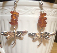 Load image into Gallery viewer, Dragonfly In Amber goldtone or silvertone dragonfly earrings with genuine Baltic Amber Outlander fan gift jewelry