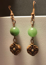 Load image into Gallery viewer, Green aventurine and antique copper disc drop earrings