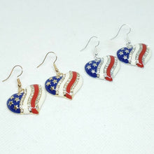 Load image into Gallery viewer, American Heart patriotic rhinestone and enamel flag earrings stars and stripes 4th of July holiday jewelry