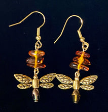 Load image into Gallery viewer, Dragonfly In Amber II goldtone or silvertone dragonfly earrings with genuine Baltic Amber Outlander fan gift jewelry